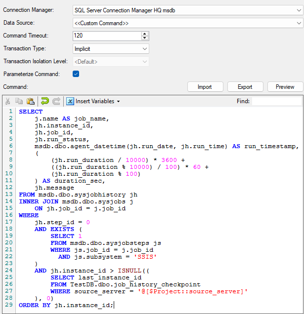 Premium SQL Server Source Custom Command include duration cast